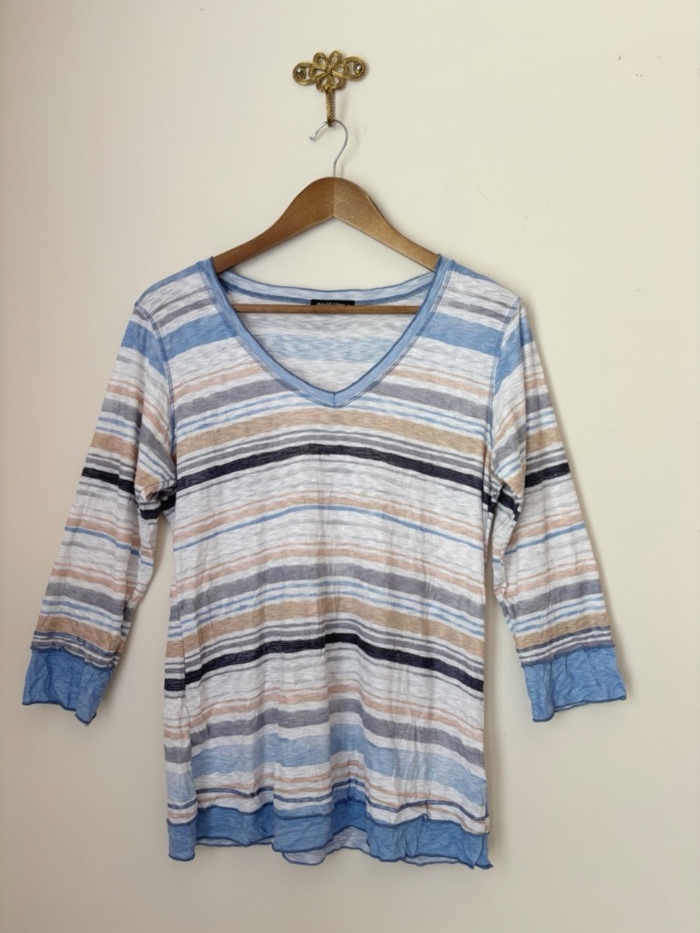 David Cline Crushed Striped 3/4 Sleeve V Neck Top Large Coastal Summer